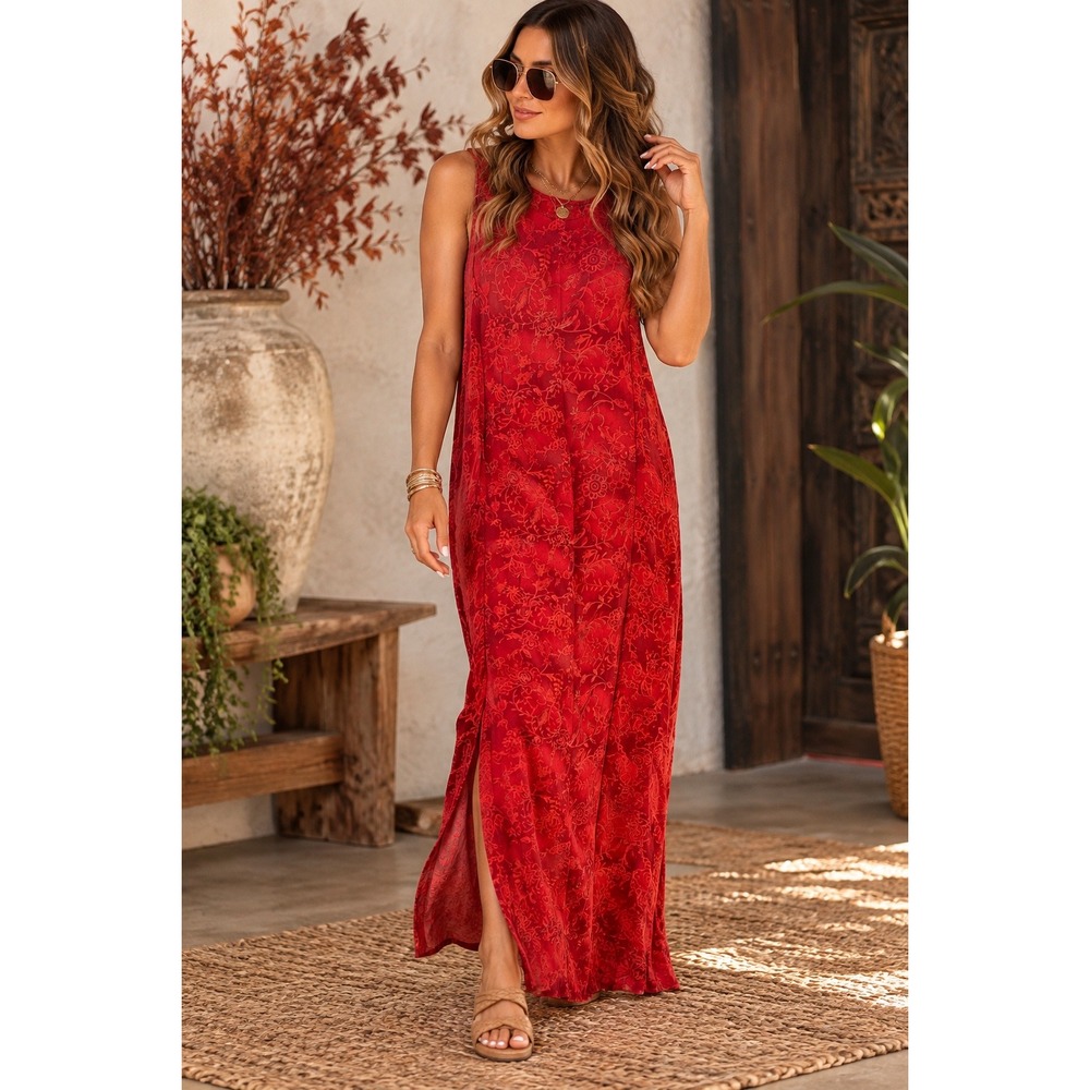 Vintage R&K Originals Red Floral Burnout Sleeveless Maxi Dress Size 6 Casual